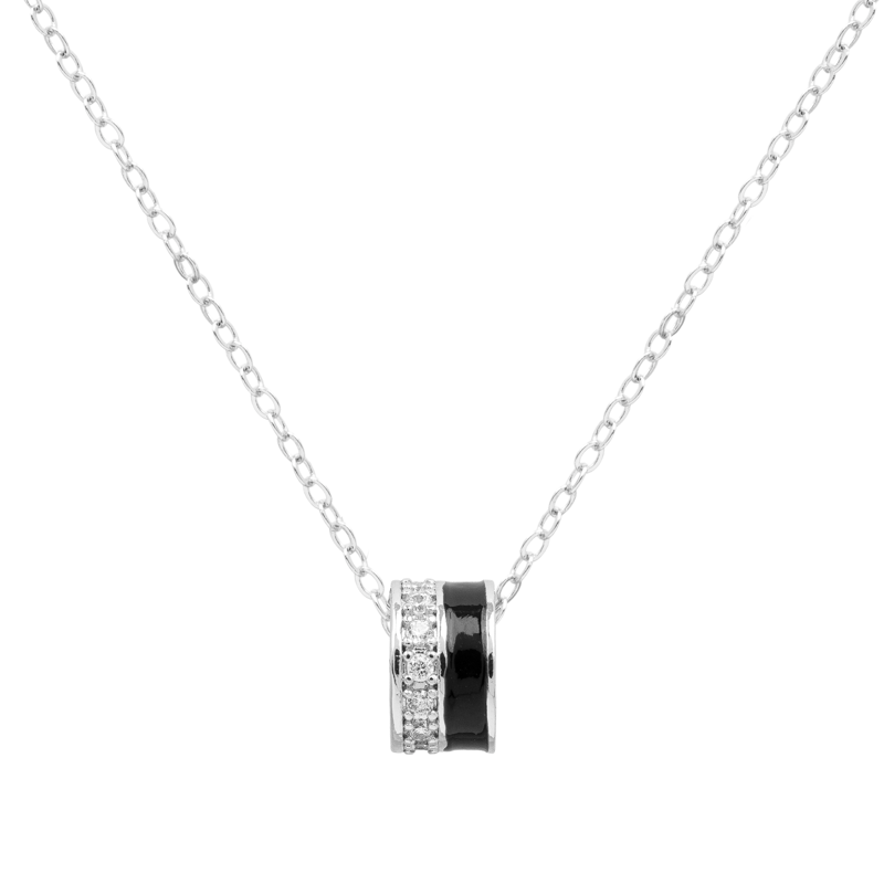 Molly Jewelry-Silver and Black Barrel Pendant Necklace with CZ Stones