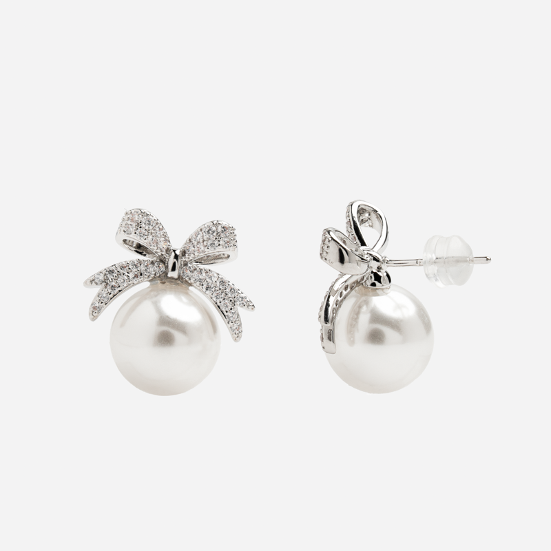 Molly Jewelry Dainty Bow Pearl Earring (White)