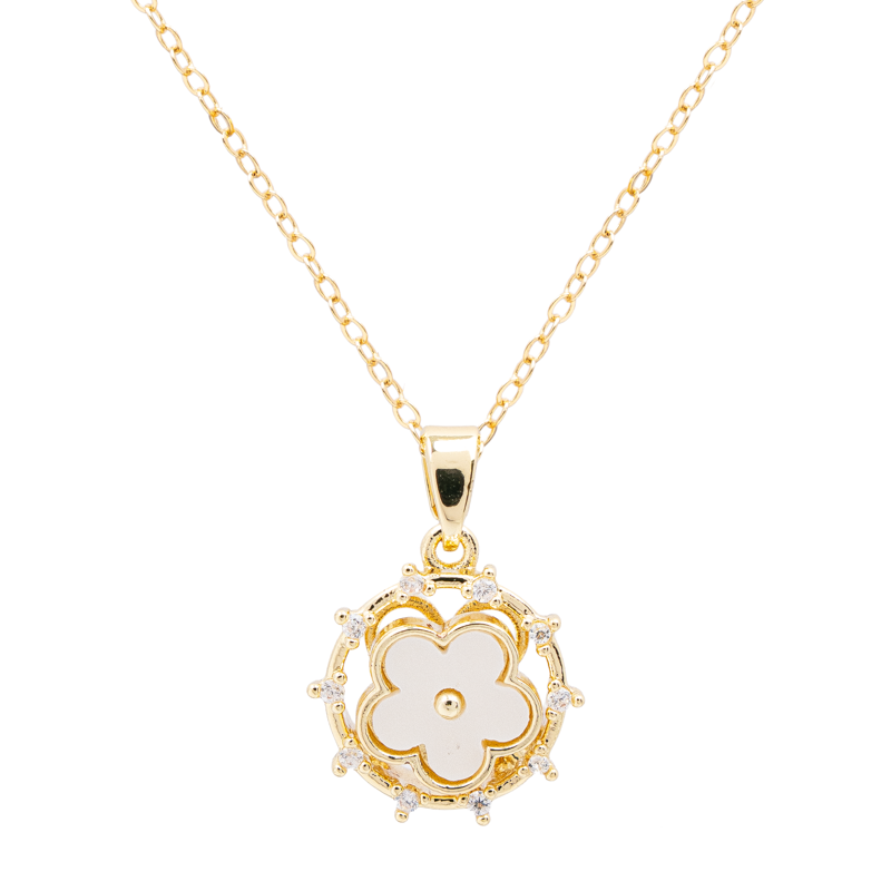 Molly Jewelry-White Four-Petal Flower Pendant Necklace Gold