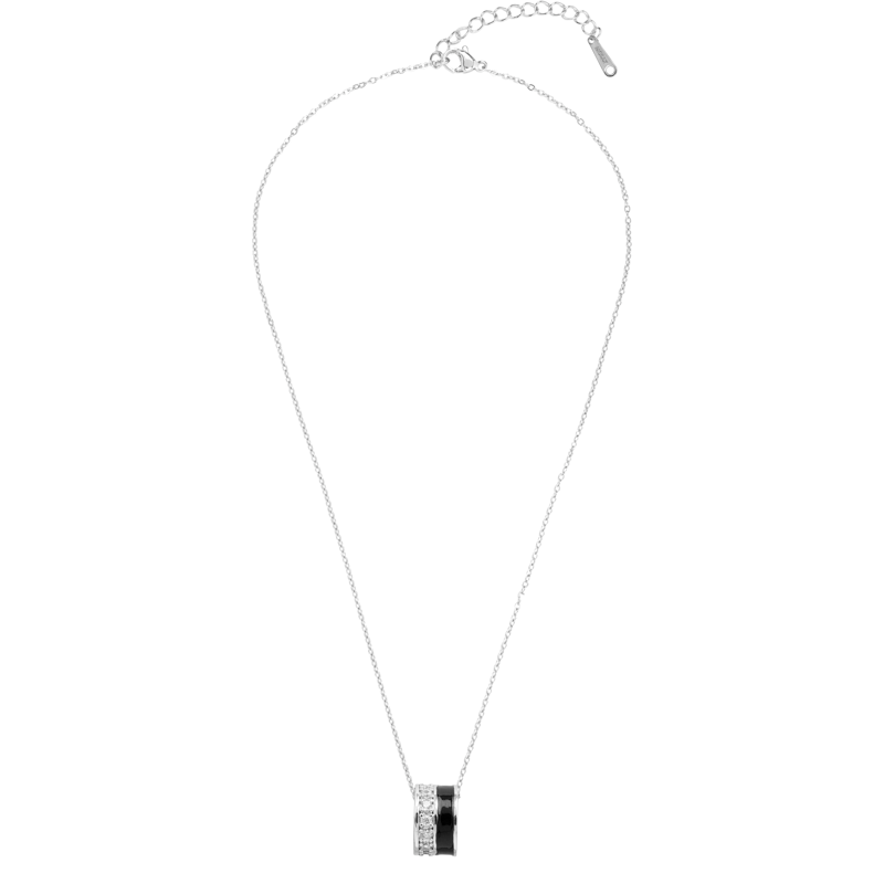 Molly Jewelry-Silver and Black Barrel Pendant Necklace with CZ Stones