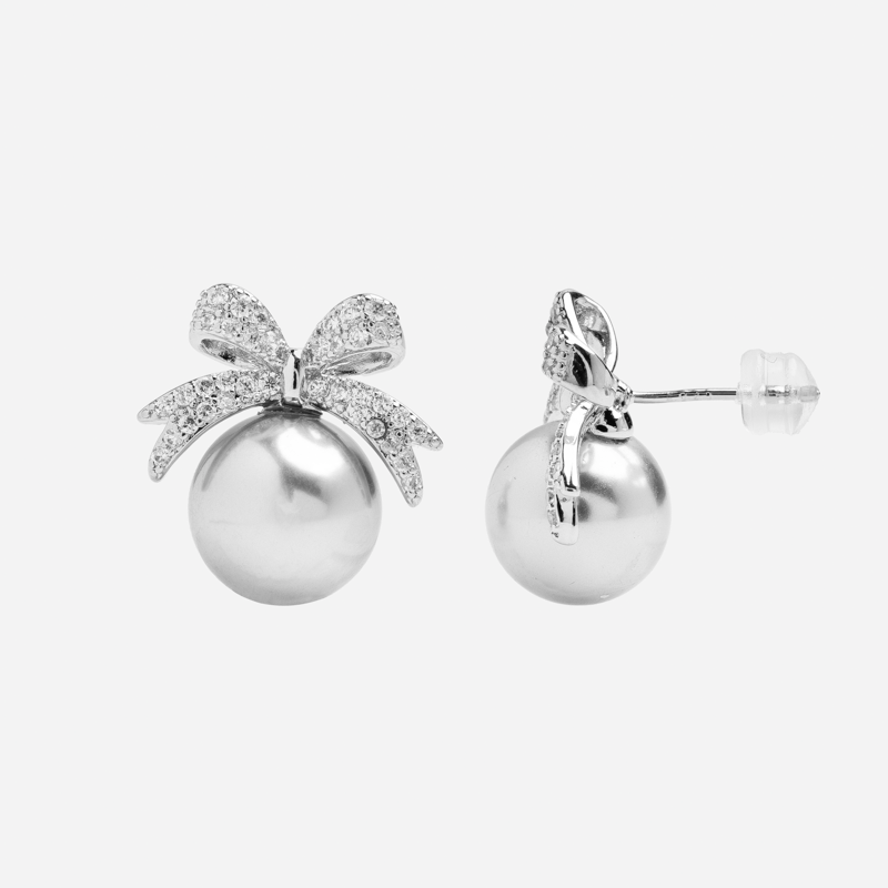 Molly Jewelry Dainty Bow Pearl Earing (SIlver)