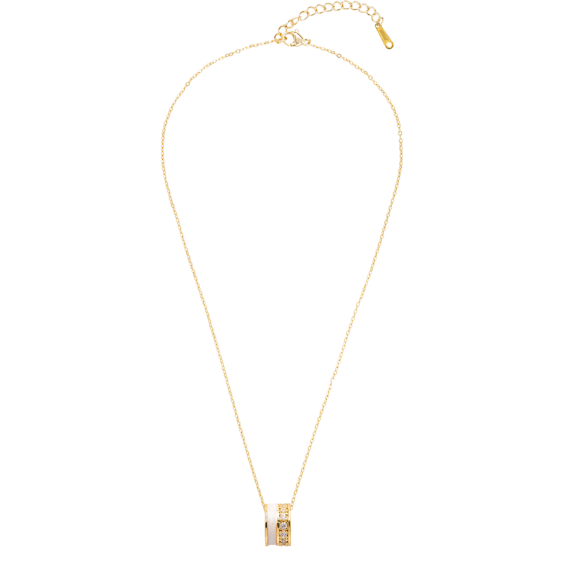 Molly Jewelry-Gold and White Barrel Pendant Necklace with CZ Stones