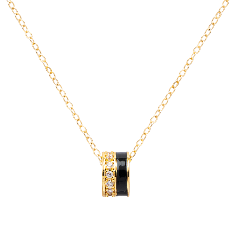 Molly Jewelry-Gold and Black Barrel Pendant Necklace with CZ Stones