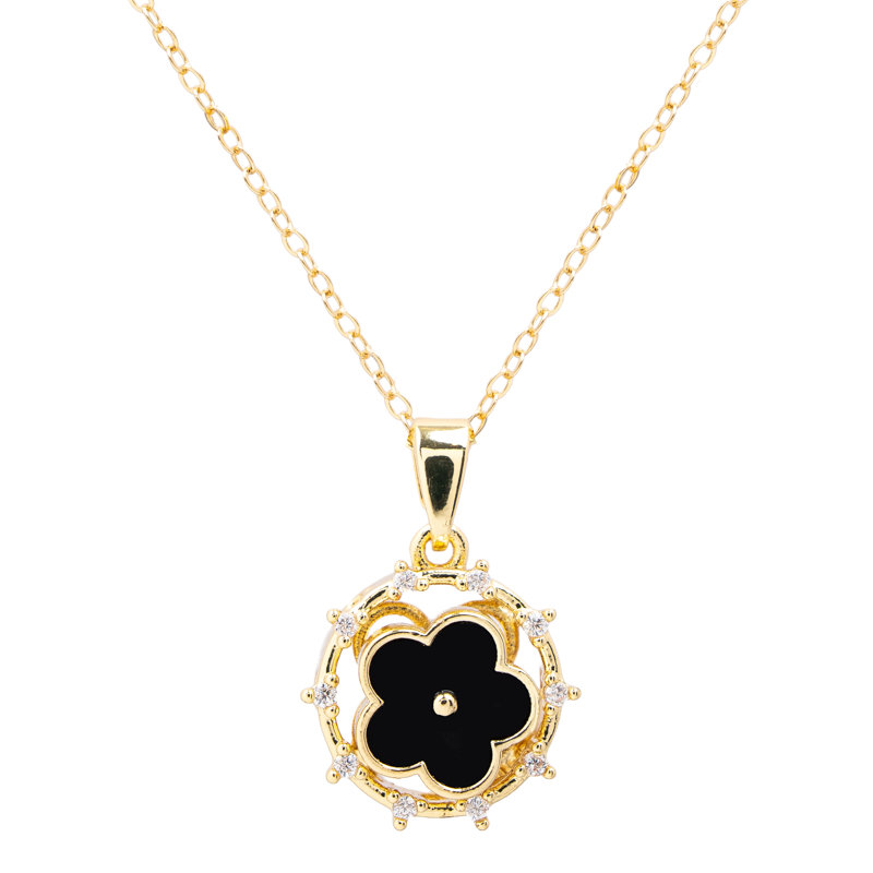 Molly Jewelry- Black Flower Pendant Necklace Gold