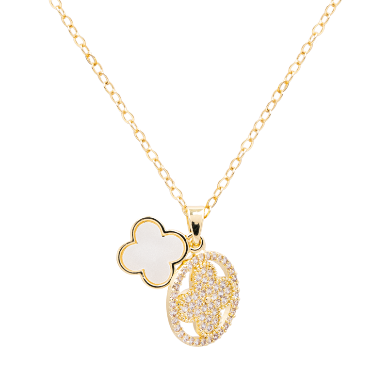 Molly Jewelry-Gold Double Clover Diamond Pendant Necklace