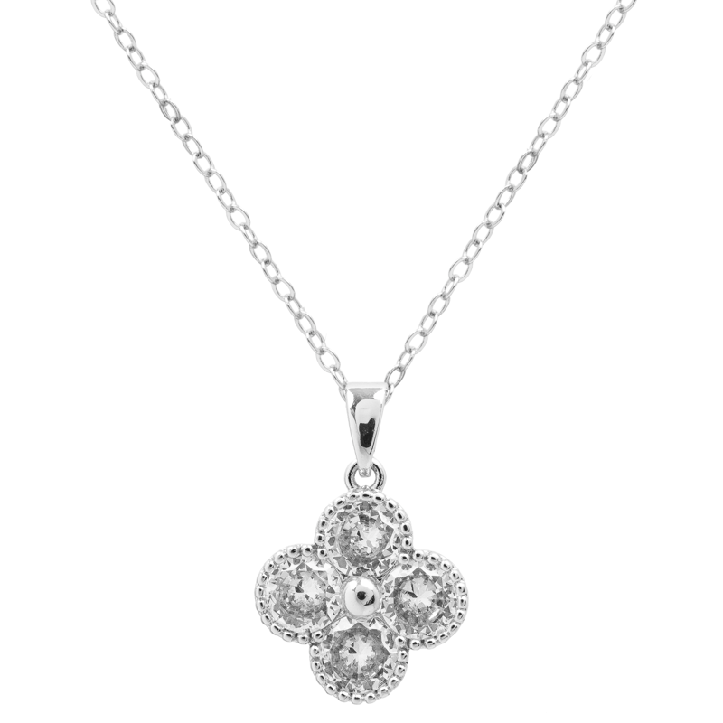 Molly Jewelry-Silver Four-Leaf Clover Pendant Necklace with Clear CZ Stones