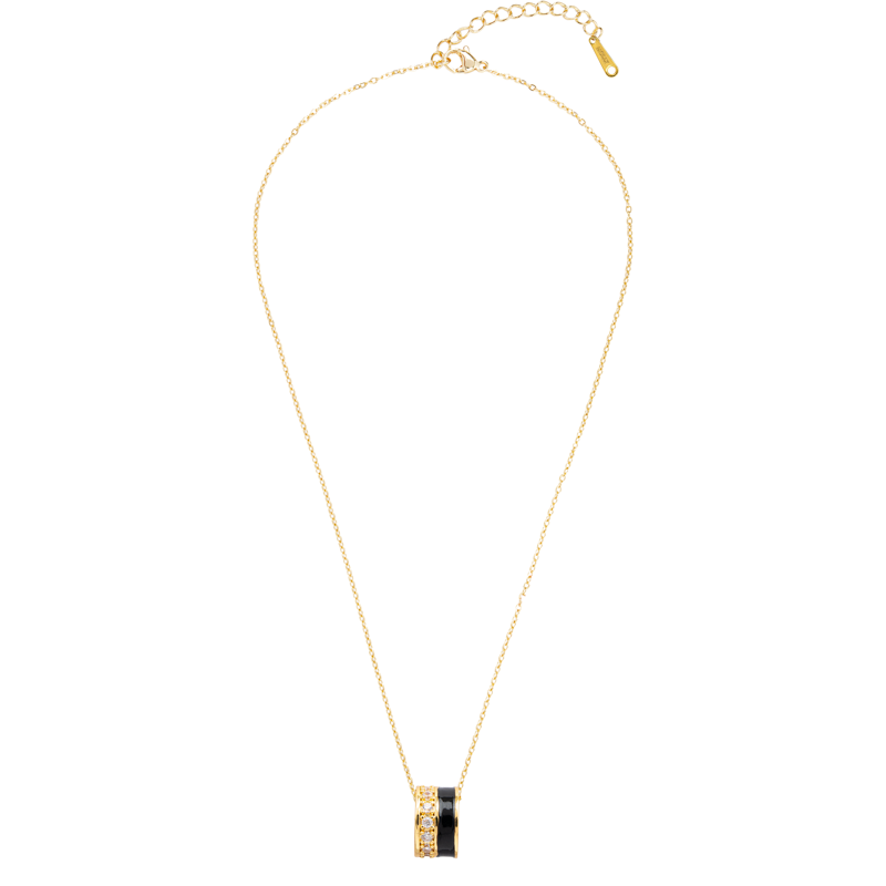 Molly Jewelry-Gold and Black Barrel Pendant Necklace with CZ Stones