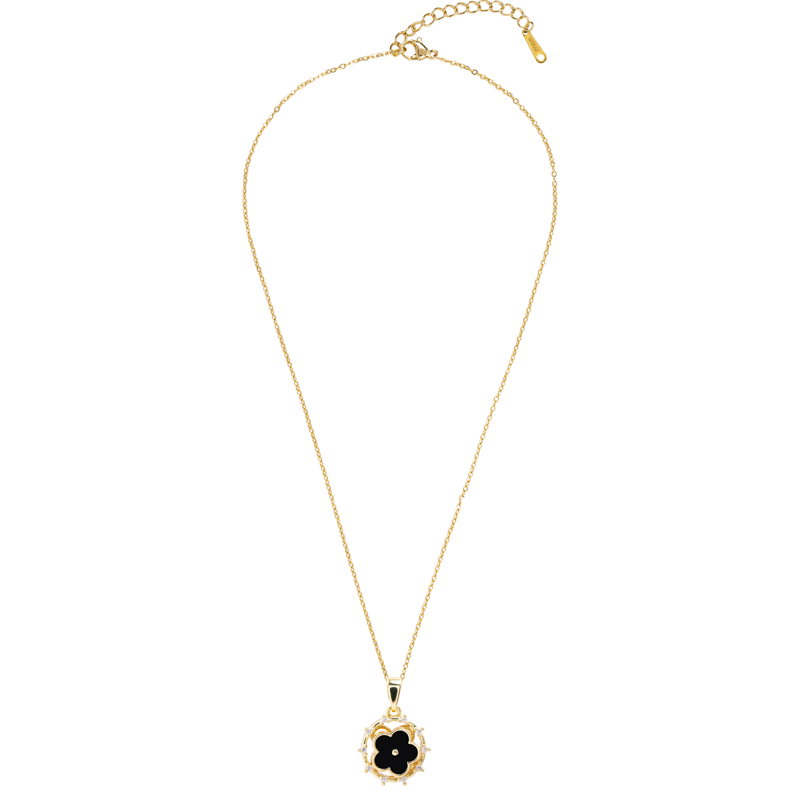 Molly Jewelry- Black Flower Pendant Necklace Gold