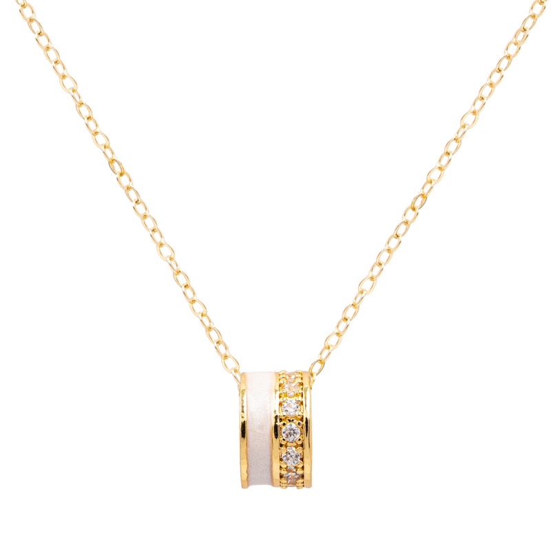 Molly Jewelry-Gold and White Barrel Pendant Necklace with CZ Stones