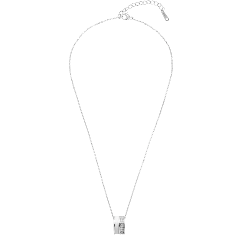 Molly Jewelry-Silver and White Barrel Pendant Necklace with CZ Stones