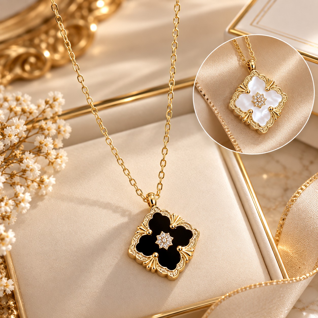 Molly Jewelry Four leaf Clover Necklace Gold (Black/White)