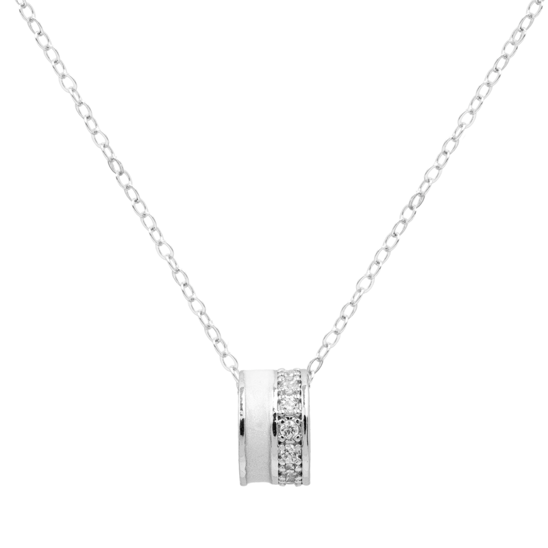 Molly Jewelry-Silver and White Barrel Pendant Necklace with CZ Stones