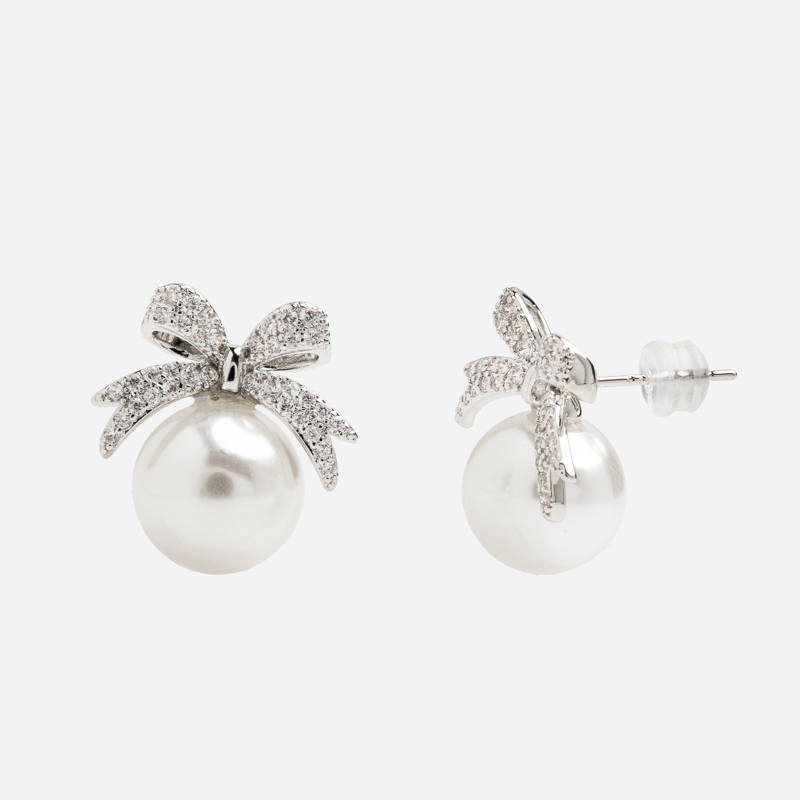 Molly Jewelry Dainty Bow Pearl Earring (White)