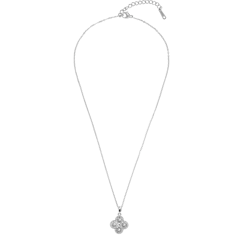 Molly Jewelry-Silver Four-Leaf Clover Pendant Necklace with Clear CZ Stones
